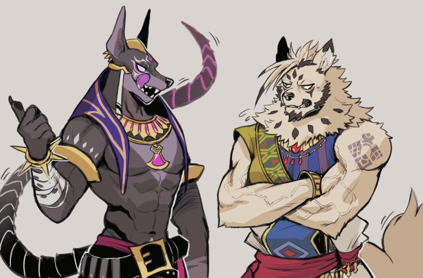 2boys abs animal_ear_piercing animal_ears another_eidos-r bara bare_pectorals beckoning belt black_belt crossed_arms egyptian egyptian_clothes furry furry_male grey_background highres jackal_boy jackal_ears jalam_(another_eidos) k0bit0wani licking_lips looking_at_another male_focus multiple_boys muscular muscular_male navel neck_fur pectorals pointing pointing_to_the_side shoulder_tattoo sleeveless sweatdrop tail tattoo tongue tongue_out upper_body usekh_collar v-taper yaoi zacharoff_(another_eidos)