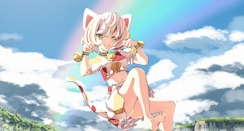 :3 animal_ears ass barefoot bell black_collar bracelet breasts cat_ears cat_girl cat_tail cliff closed_mouth cloud cloudy_sky collar crop_top day female floating foot_out_of_frame goutokuji_mike hair_between_eyes hands_up highres jewelry jingle_bell looking_at_viewer midriff multicolored_hair navel oerba_yun_fang open_mouth outdoors paw_pose plateau rainbow sachisudesu shirt short_hair skirt skirt_set sky slit_pupils small_breasts smile solo streaked_hair tail touhou white_hair white_shirt white_skirt yellow_eyes