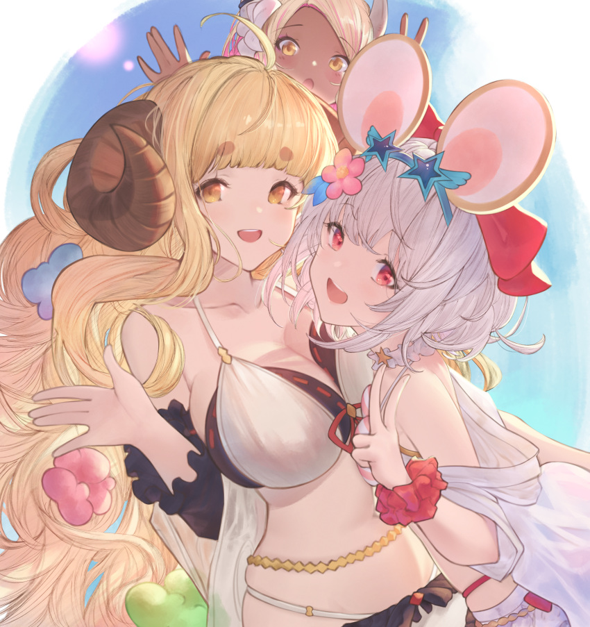 3girls :d \||/ absurdres ahoge anila_(granblue_fantasy) anila_(summer)_(granblue_fantasy) animal_ears bare_shoulders betabeet bikini blonde_hair blue_flower blue_sky blunt_bangs blush breasts cleavage collarbone dark-skinned_female dark_skin day draph eyewear_on_head fake_animal_ears flower granblue_fantasy green_flower hair_flower hair_ornament highres horns kumbhira_(granblue_fantasy) kumbhira_(summer)_(granblue_fantasy) large_breasts long_hair looking_at_viewer mouse_ears multiple_girls navel official_alternate_costume open_mouth outdoors pink_flower purple_flower red_eyes ribbon-trimmed_bikini sheep_horns short_eyebrows short_hair sky smile star-shaped_eyewear star_(symbol) sunglasses swimsuit v very_long_hair vikala_(blooming_summer_wallflower)_(granblue_fantasy) vikala_(granblue_fantasy) white_hair yellow_eyes