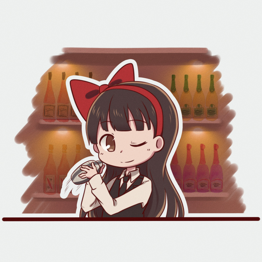 ;) bar_(place) bartender black_hair black_necktie blush bow brown_eyes chibi closed_mouth cocktail_shaker commentary_request female fukodesu hairband hairbow highres hinamatsuri_(manga) indoors long_hair looking_at_viewer mishima_hitomi necktie one_eye_closed red_bow smile solo