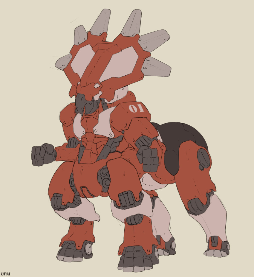 absurd_res artist_name black_body eyeless full-length_portrait hi_res machine male open_mouth portrait quadruped red_body robot simple_background solo taur three-quarter_view upai