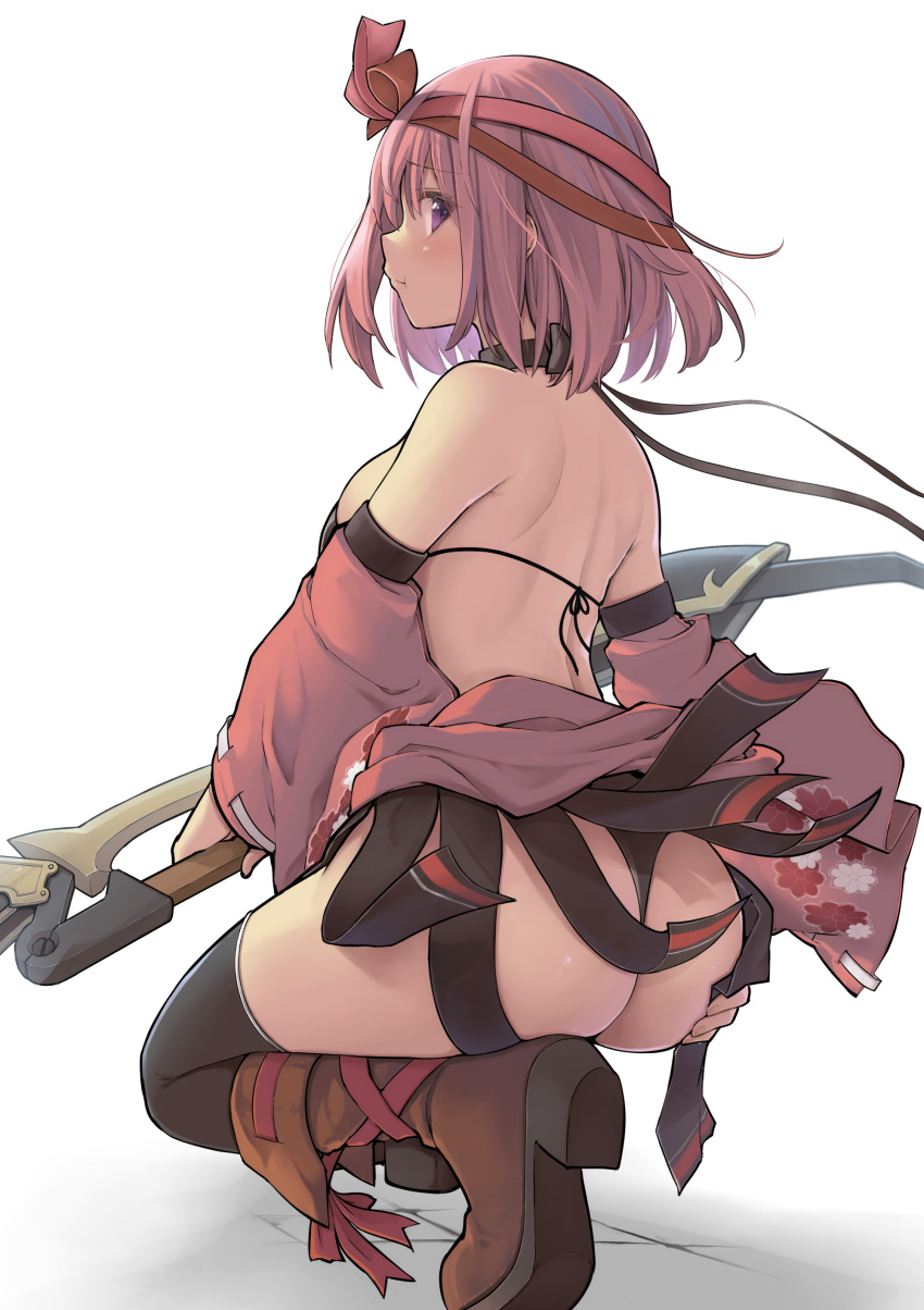 1990s_(style) :t absurdres ass back backless_kimono bare_back bare_shoulders bikini black_bikini black_panties black_thighhighs blush bob_cut boots breasts brown_footwear chocolate_cosmos_(flower_knight_girl) commentary_request detached_sleeves female flower_knight_girl frilled_sleeves frills from_behind headband highres japanese_clothes kimono kintarou_(kintarou's_room) large_breasts looking_at_viewer median_furrow panties pink_hair pout purple_eyes red_headband red_kimono retro_artstyle short_hair short_kimono shoulder_blades sideways_glance solo squatting string_bikini swimsuit thighhighs underwear