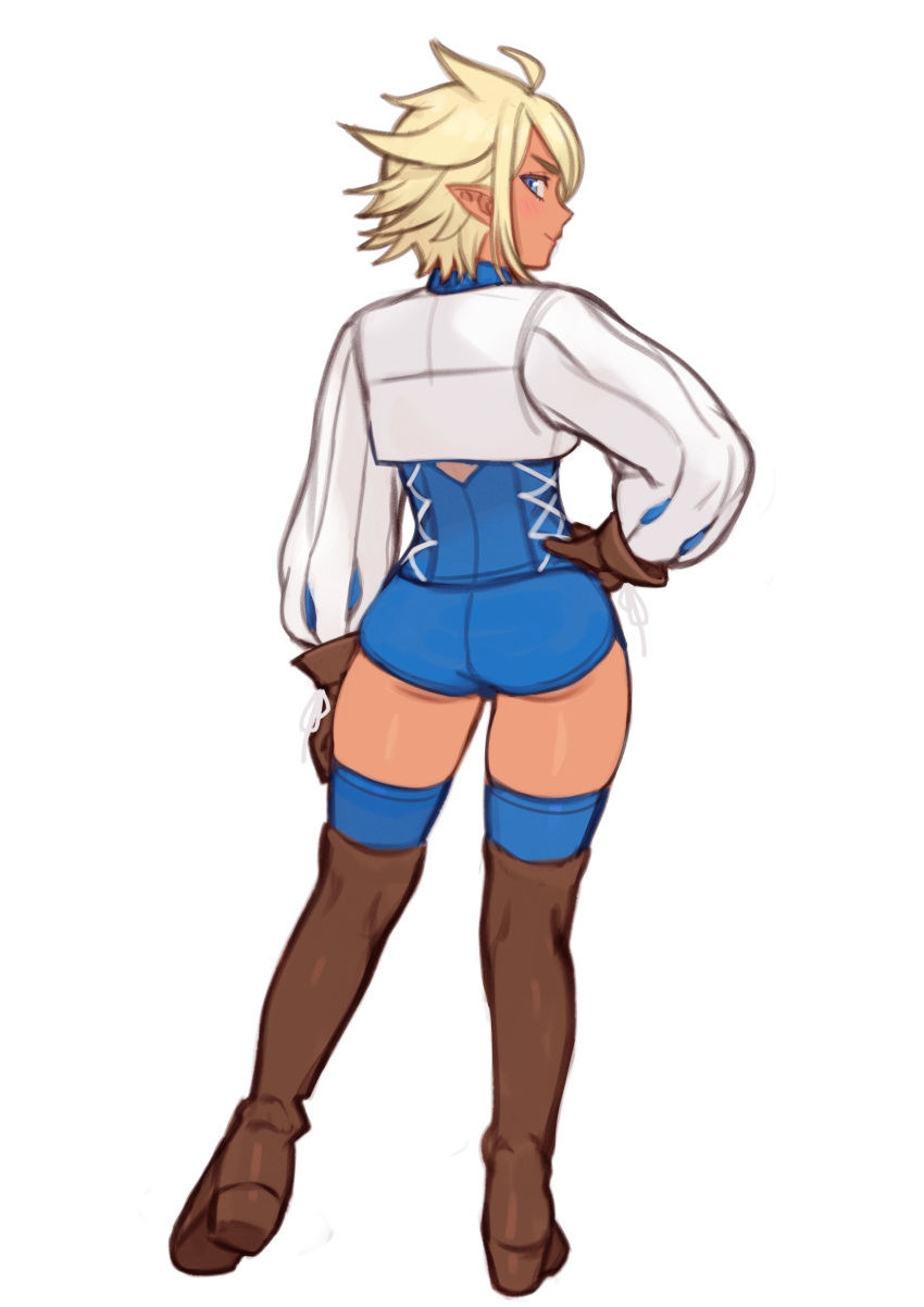 absurdres alee_(nilsunna) ass ass_peek blonde_hair blue_shorts blue_thighhighs boots brown_footwear brown_gloves commentary crop_top dark-skinned_female dark_skin elf elfheim english_commentary female from_behind full_body gloves hand_on_own_hip high_heel_boots high_heels highres long_sleeves original pointy_ears puffy_long_sleeves puffy_sleeves short_hair short_shorts shorts simple_background smile solo sunna_(nilsunna) thigh_boots thighhighs thighhighs_under_boots white_background