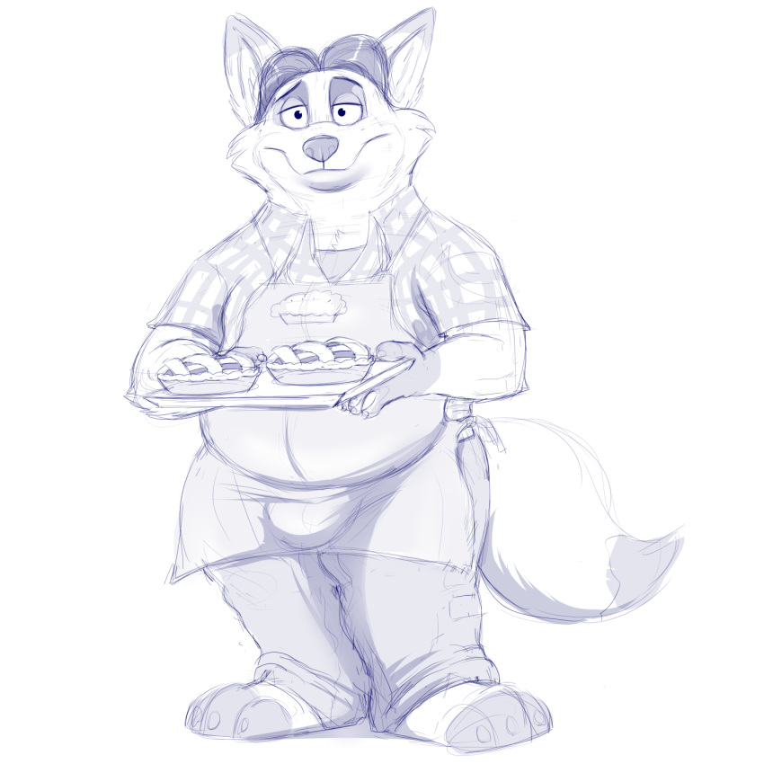 1:1 2016 aaron_(artist) anthro apron belly blue_and_white bottomwear canid canine clothing dessert disney food fox gideon_grey hi_res humanoid_hands male mammal monochrome overweight overweight_male pants pastry pie red_fox shirt simple_background solo topwear true_fox white_background zootopia