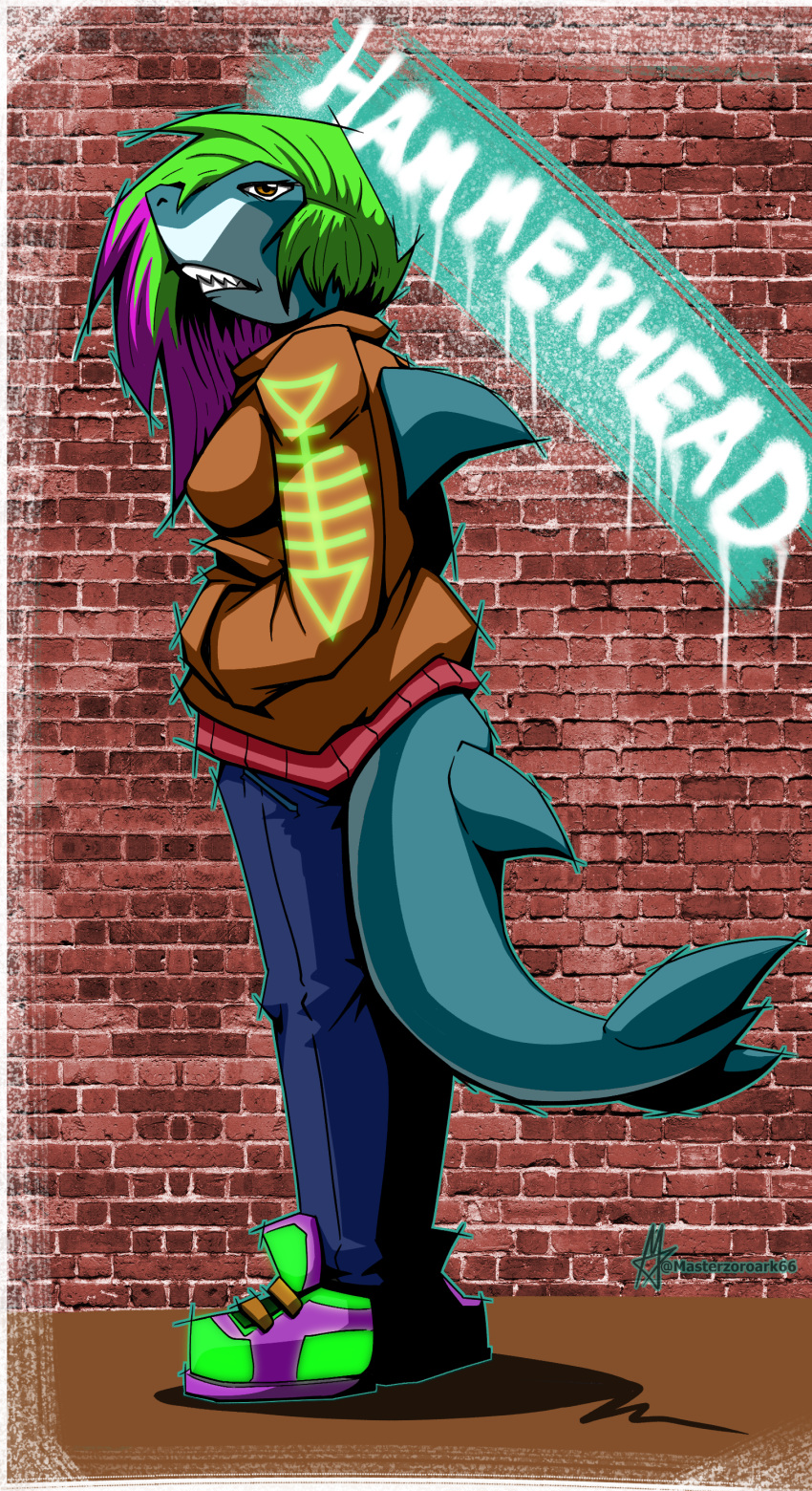 absurd_res anthro bottomwear brick bright clothing denim denim_bottomwear denim_clothing english_text female fin fish fishbone footwear glistening glistening_hair glowing graffiti ground_shark hair hammerhead hammerhead_shark hi_res jeans long_hair marine masterzoroark666 paint pants shark shoes simple_background sneakers solo spray_paint street_wear teeth text