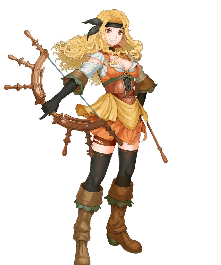 belt black_gloves black_headband black_thighhighs blonde_hair boots bow_(weapon) breasts brigid_(fire_emblem) brigid_(pirate)_(fire_emblem) brown_belt brown_eyes brown_footwear cleavage dress female fire_emblem fire_emblem:_genealogy_of_the_holy_war fire_emblem_heroes full_body gloves hand_on_own_hip headband highres holding holding_weapon knee_boots long_hair looking_at_viewer medium_breasts non-web_source official_art parted_lips shiny_skin shorts shorts_under_dress skirt smile solo standing tenshu_(mighto) thighhighs transparent_background weapon zettai_ryouiki