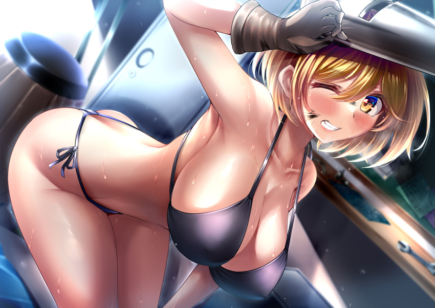 barrel bent_over bikini black_bikini blonde_hair blurry blurry_background blush breasts brown_eyes brown_gloves cleavage collarbone dirty dirty_face djeeta_(granblue_fantasy) female gloves granblue_fantasy grin halterneck hand_on_mask highres large_breasts looking_at_viewer mechanic_(granblue_fantasy) oil one_eye_closed parted_lips short_hair side-tie_bikini_bottom smile solo stir255 string_bikini sweat swimsuit tools welding_mask wrench