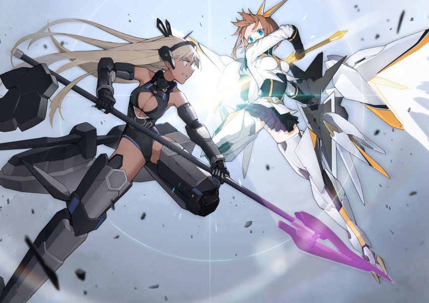 2girls alice_gear_aegis araime_yasuri black_skirt blonde_hair blue_eyes brown_hair clash cleavage_cutout clothing_cutout dark_skin fighting headgear highres holding holding_polearm holding_weapon kanagata_sugumi karappo_(keith8387) leotard long_hair mecha_musume multiple_girls polearm skirt thrusters weapon