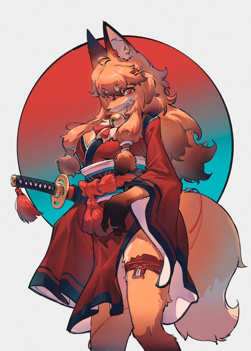 absurdres ahoge animal_ear_fluff animal_ears bell body_fur feet_out_of_frame female fewer_digits fox_ears fox_girl fox_tail from_side furry furry_female hair_ornament hair_tubes hairclip highres japanese_clothes jewelry jingle_bell katana kimono long_hair looking_at_viewer mouth_hold neck_bell obi obijime orange_fur orange_hair original red_eyes red_kimono red_ribbon ribbon ring sash shiiorina sidelocks sideways_mouth simple_background solo standing sword tail tassel thigh_strap two-sided_fabric weapon white_background wide_sleeves