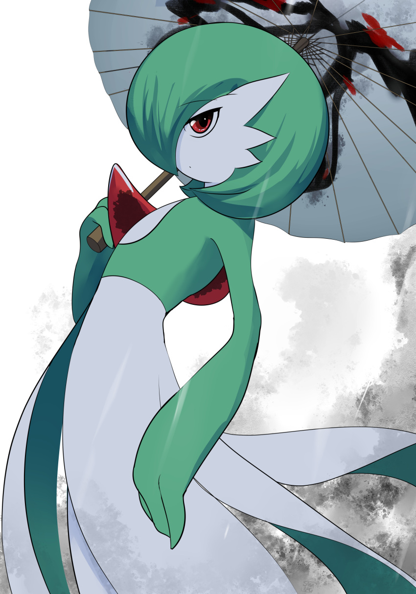 absurd_res flat_chested gardevoir generation_3_pokemon green_hair hair hi_res holding_object holding_umbrella nintendo not_furry pokemon pokemon_(species) raining sana!rpg solo umbrella