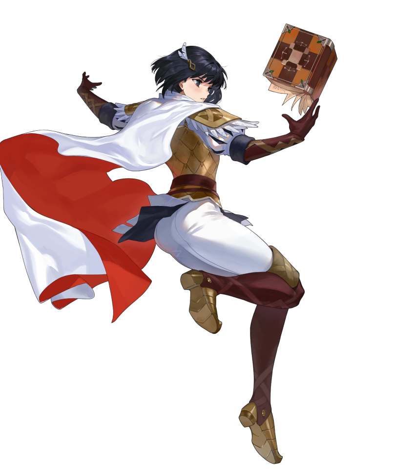 alternate_costume armor ass belt black_eyes black_hair book boots cape ekao elbow_gloves feather_trim female fire_emblem fire_emblem:_thracia_776 fire_emblem_heroes floating floating_object full_body gloves hair_ornament highres leg_up lips non-web_source official_art olwen_(fire_emblem) olwen_(resplendent)_(fire_emblem) open_book pants parted_lips puffy_sleeves red_lips short_hair shoulder_armor skin_tight solo striped thigh_boots thigh_gap thighhighs transparent_background vertical_stripes white_pants