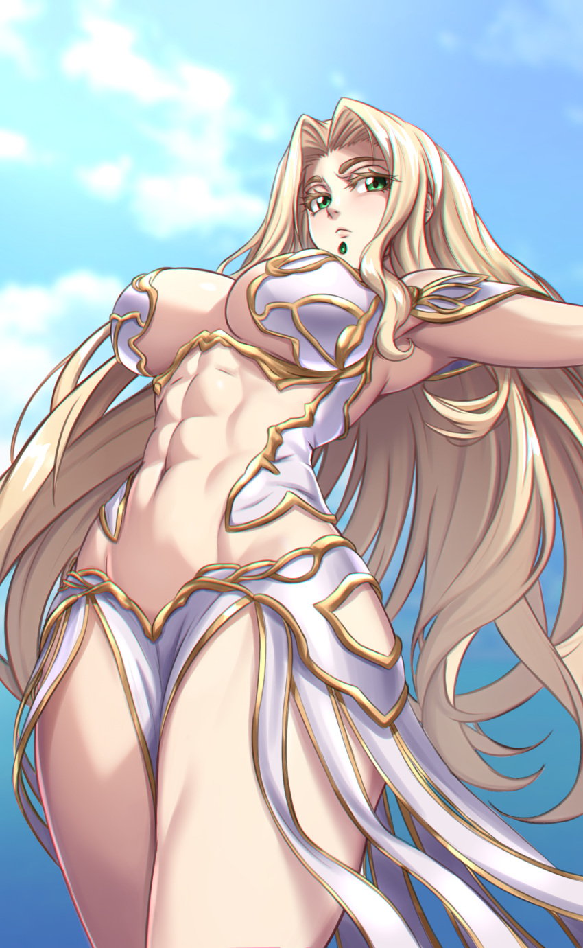 abs alternate_costume blonde_hair breasts chin_piercing cosplay fate/grand_order fate_(series) female from_below gorgon_(fate) gorgon_(fate)_(cosplay) green_eyes highres large_breasts long_hair medusa_(fate) navel quetzalcoatl_(fate) sky solo stomach thick_thighs thighs toned toned_female zantyarz