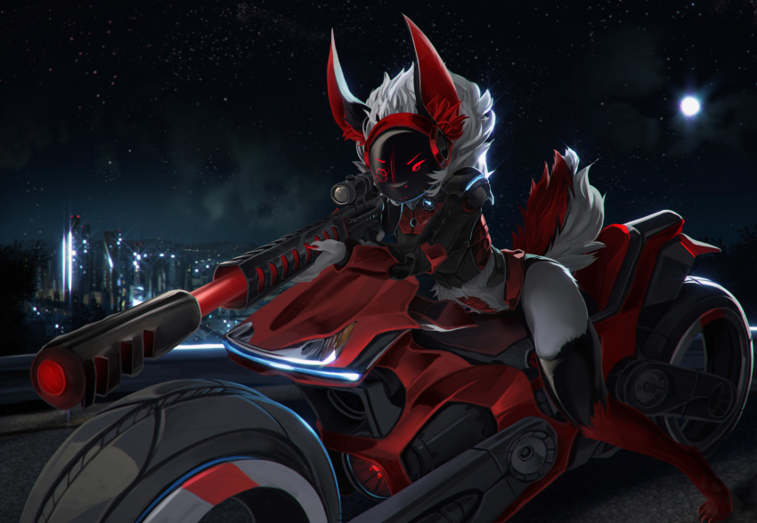 absurd_res armor city female fluffy fruitbloodmilkshake futuristic gun hi_res machine moon motorcycle night noisy_(redace83) protogen ranged_weapon rifle robot science_fiction screen screen_face sniper solo vehicle weapon