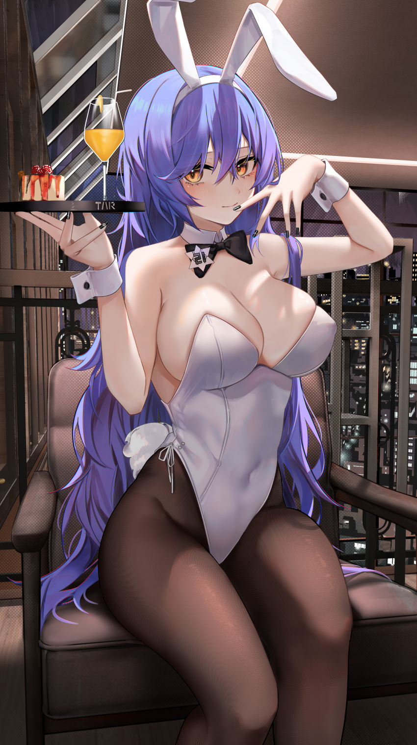 absurdres alternate_costume animal_ears bare_shoulders black_bow black_bowtie black_nails black_pantyhose blue_hair bow bowtie breasts brown_pantyhose cake chair cleavage closed_mouth commission covered_navel cup detached_collar drinking_glass fake_animal_ears female food girls'_frontline hair_between_eyes hands_up highres holding holding_tray large_breasts leotard long_hair looking_at_viewer official_alternate_costume pantyhose pixiv_commission playboy_bunny rabbit_ears ru_zhai sitting skindentation smile solo strapless strapless_leotard tar-21_(girls'_frontline) tar-21_(night_at_the_bar)_(girls'_frontline) tray very_long_hair white_leotard wrist_cuffs yellow_eyes