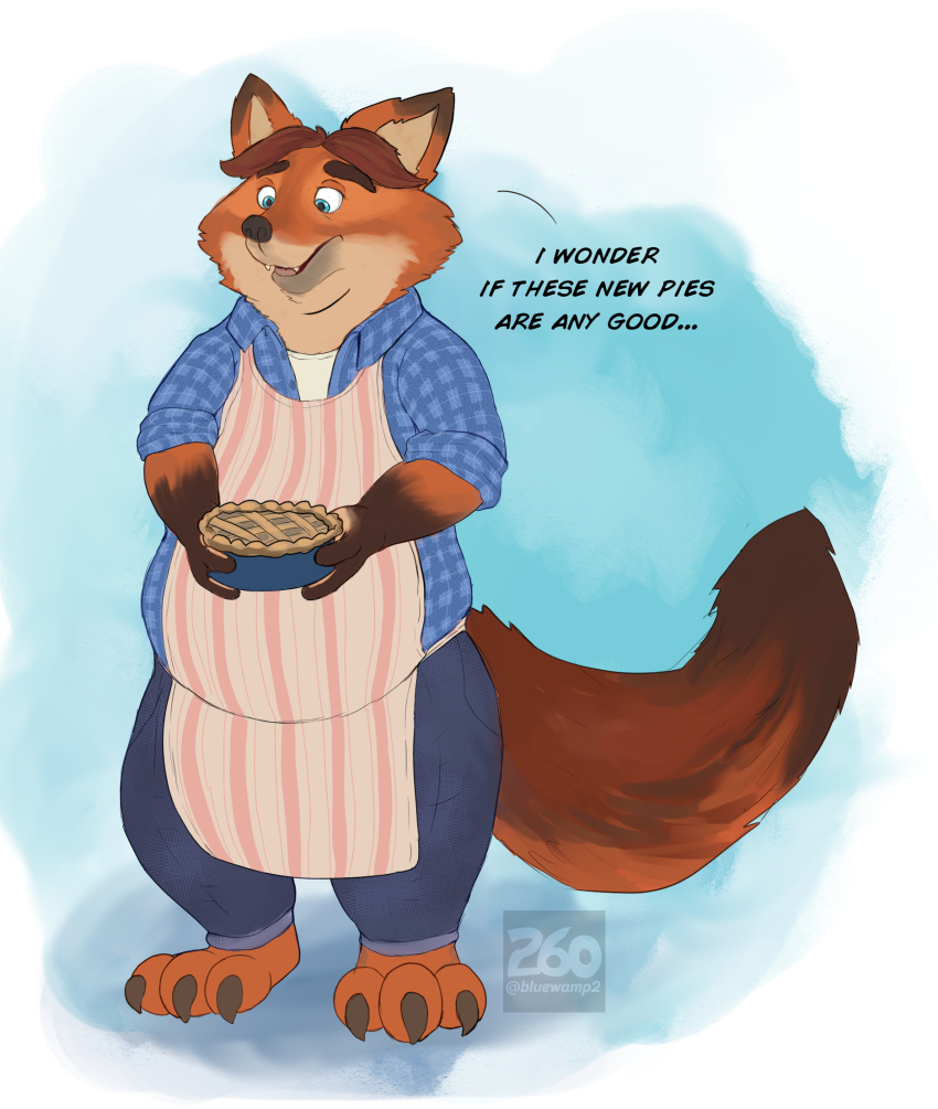 260 2020 anthro belly blue_eyes bottomwear canid canine clothing dessert dialogue disney english_text food fox gideon_grey hi_res humanoid_hands male mammal orange_body overweight overweight_male pants pastry pie red_fox shirt solo text topwear true_fox weight_gain zootopia