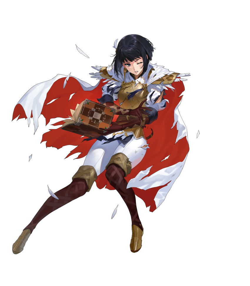 alternate_costume armor belt black_eyes black_hair book boots cape ekao elbow_gloves feather_trim feathers female fire_emblem fire_emblem:_thracia_776 fire_emblem_heroes full_body gloves hair_ornament highres holding lips non-web_source official_art olwen_(fire_emblem) olwen_(resplendent)_(fire_emblem) one_eye_closed open_book pants parted_lips puffy_sleeves red_lips short_hair shoulder_armor skin_tight solo striped thigh_boots thigh_gap thighhighs torn_clothes transparent_background vertical_stripes white_pants