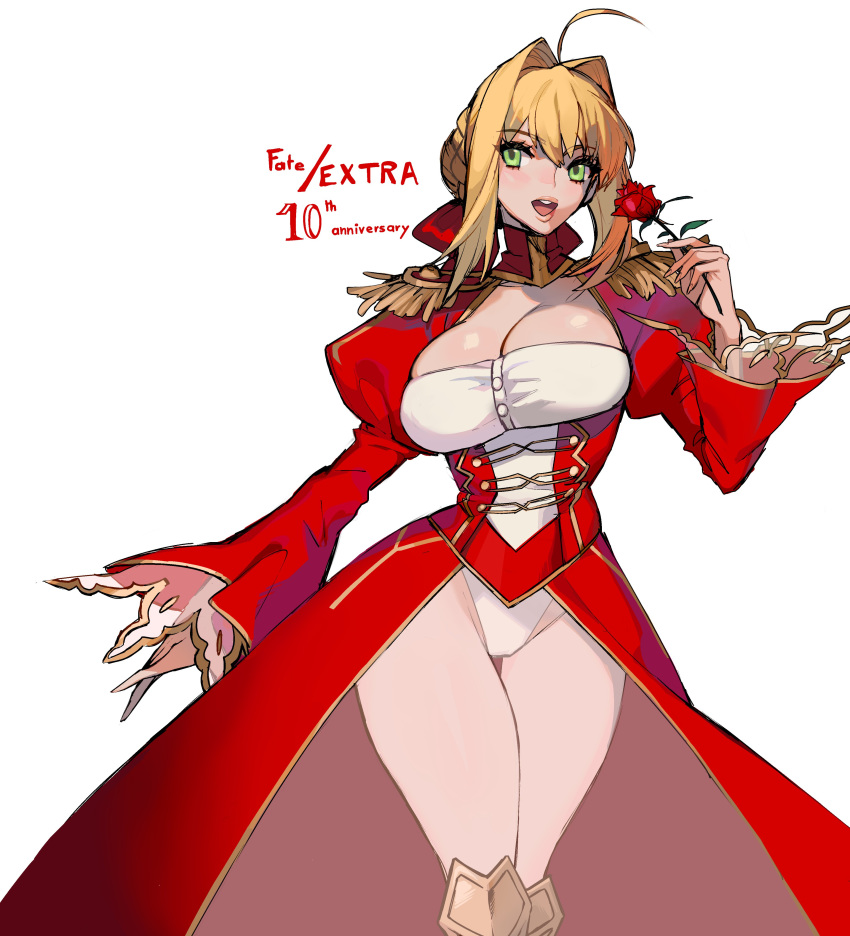 absurdres ahoge anniversary blonde_hair braid braided_bun breasts commentary dress english_commentary ennuigrl fate/extra fate_(series) feet_out_of_frame female flower green_eyes hair_between_eyes hair_bun highres large_breasts leotard long_sleeves nero_claudius_(fate) nero_claudius_(fate/extra) red_dress rose sidelocks thigh_gap umu_(phrase) underbust white_background white_leotard