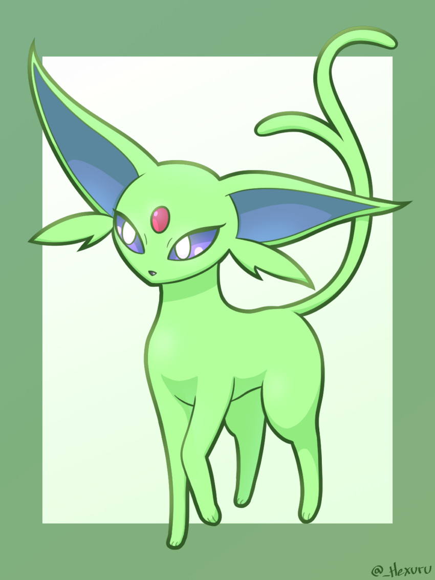 2022 3:4 3_toes ambiguous_gender artist_name black_nose blue_inner_ear colored conditional_dnp digital_media_(artwork) eeveelution espeon eyelashes facial_tuft feet felid feline feral forehead_gem forked_tail front_view fur gem generation_2_pokemon green_background green_body green_ears green_fur green_tail hair hexuru hi_res kemono mammal monotone_body monotone_fur monotone_hair monotone_tail nintendo paws pokemon pokemon_(species) portrait purple_sclera quadruped raised_leg shaded shiny_pokemon signature simple_background solo standing tail text three-quarter_portrait three-quarter_view toes tuft unusual_anatomy unusual_tail white_background white_eyes