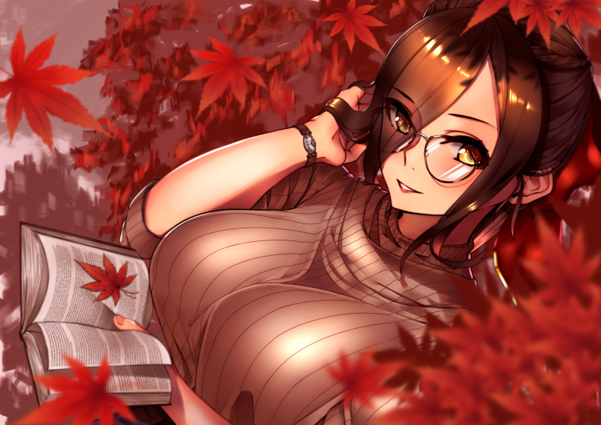 absurdres alternate_costume alternate_hairstyle azur_lane bad_id bad_pixiv_id bespectacled black_hair book braid breasts brown_sweater female friedrich_der_grosse_(azur_lane) from_above glasses hair_over_one_eye hand_in_own_hair highres holding holding_book large_breasts leaf looking_at_viewer maple_leaf open_book reading ribbed_sweater solo sunebu_(snake_boo2) sweater watch wristwatch yellow_eyes