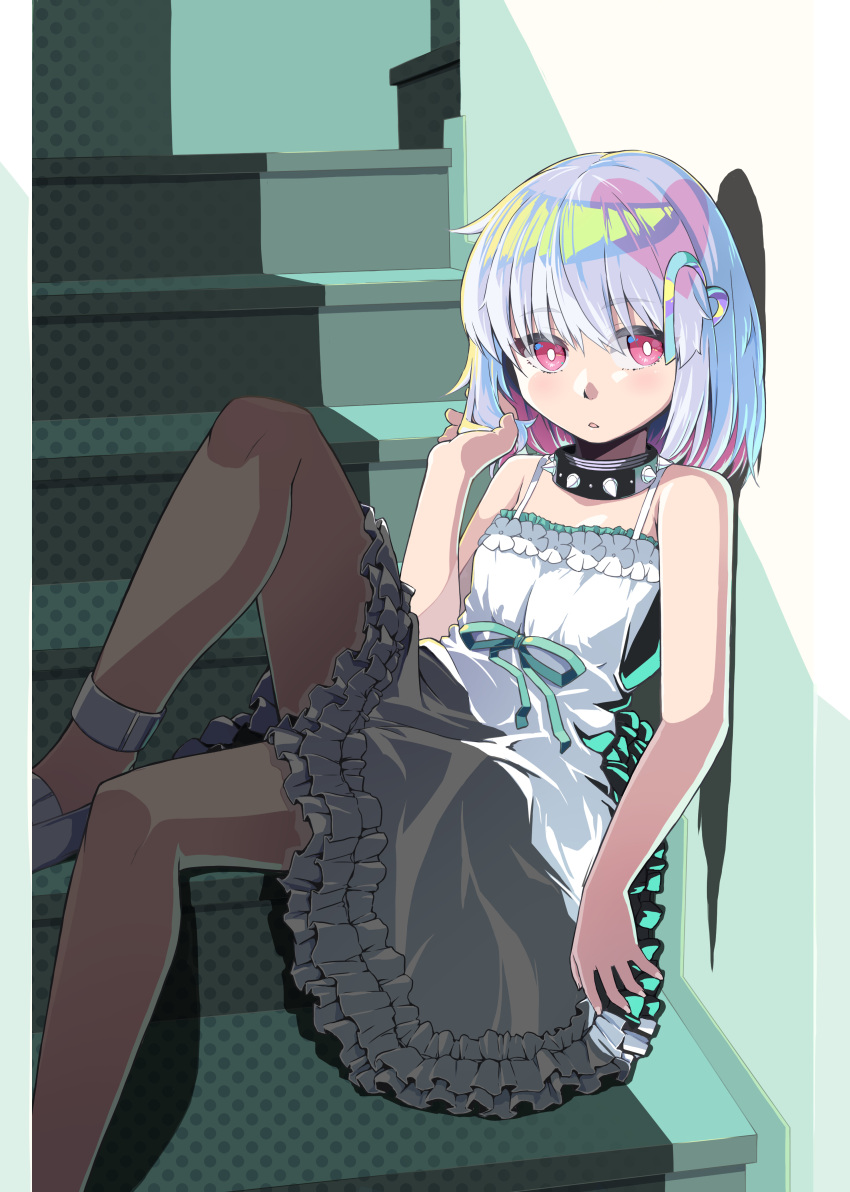 absurdres alto-00 collar dohna_dohna_issho_ni_warui_koto_o_shiyou dress female flat_chest hair_ornament heart heart_hair_ornament highres parted_lips pink_eyes porno_(dohna_dohna) shoes short_hair sitting sitting_on_stairs solo spiked_collar spikes stairs white_dress white_footwear white_hair