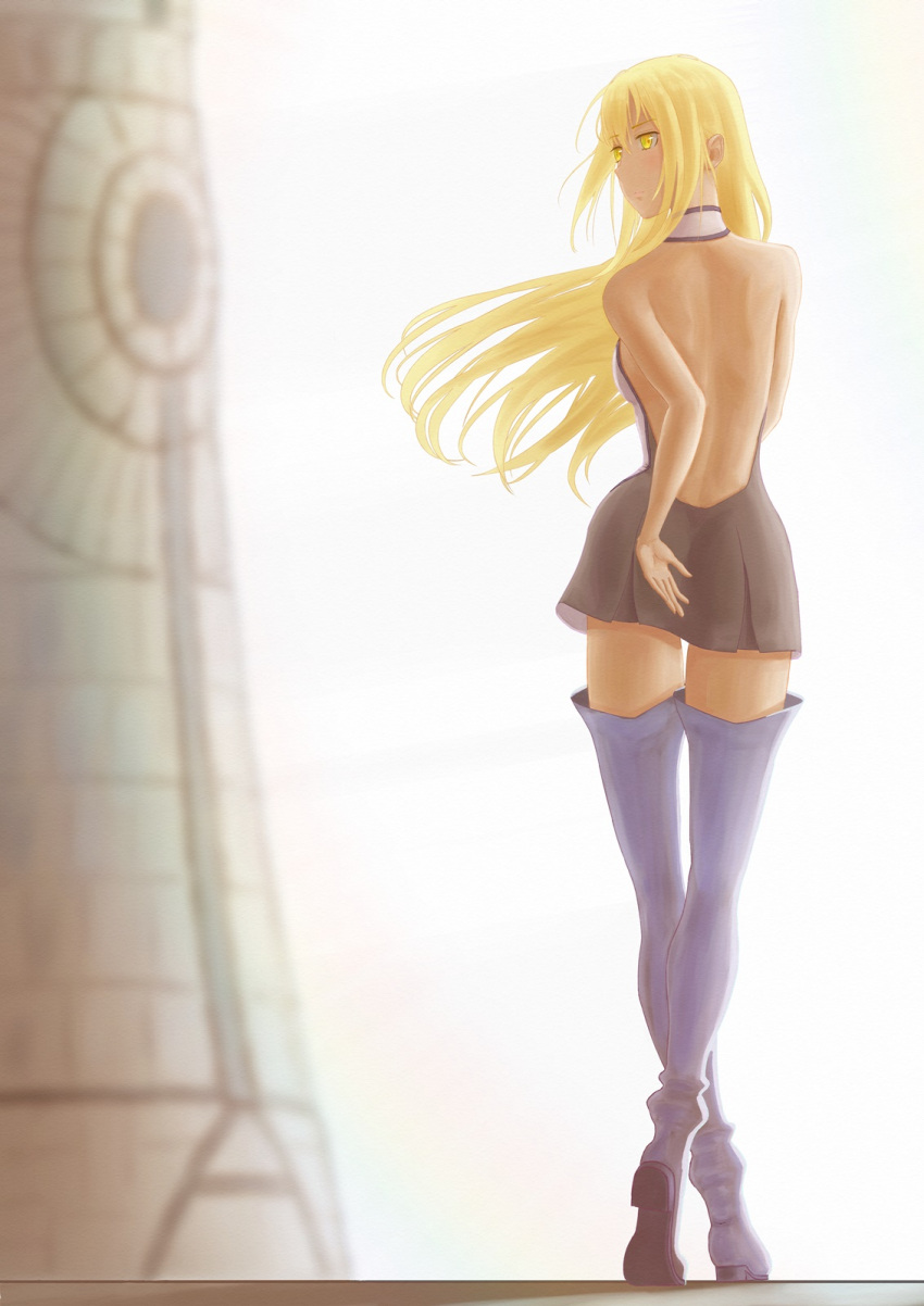 aiz_wallenstein arm_behind_back ass backless_dress backless_outfit backlighting bkni_11 blonde_hair blue_footwear boots commentary_request contrapposto crossed_legs dress dungeon_ni_deai_wo_motomeru_no_wa_machigatteiru_darou_ka expressionless female full_body hair_between_eyes heel_up high_heel_boots high_heels highres long_hair looking_at_viewer shoulder_blades skirt solo thigh_boots thighs watson_cross yellow_eyes zettai_ryouiki