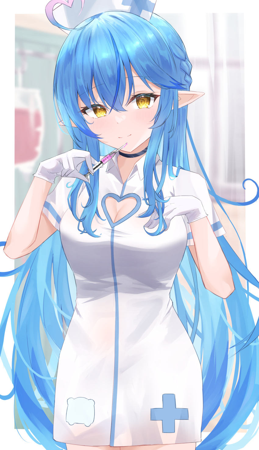 absurdres ahoge blue_hair blurry blurry_background border braid breasts cleavage cleavage_cutout closed_mouth clothing_cutout collared_dress colored_tips dress female floating_hair gloves hair_between_eyes heart heart_ahoge heart_cutout highres holding holding_syringe hololive long_hair medium_breasts multicolored_hair nurse outside_border pointy_ears short_sleeves single_braid smile solo standing streaked_hair syringe very_long_hair virtual_youtuber white_border white_dress white_gloves wing_collar yellow_eyes yukihana_lamy yuzuki4no