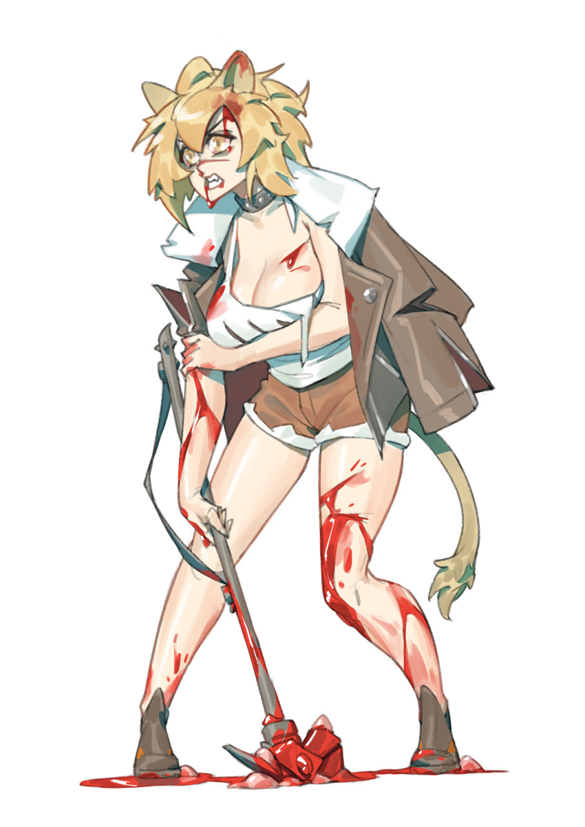 absurdres angry animal_ears arknights black_choker blonde_hair blood blood_on_arm blood_on_breasts blood_on_clothes blood_on_face blood_on_hands blood_on_weapon blood_splatter breasts brown_footwear brown_jacket brown_shorts chen_zhang choker cleavage collarbone commentary female full_body hammer highres holding holding_hammer holding_weapon injury jacket jacket_on_shoulders korean_commentary large_breasts lion_ears lion_girl long_hair looking_away medium_hair open_mouth shirt short_shorts shorts siege_(arknights) simple_background solo standing teeth weapon white_background white_shirt yellow_eyes