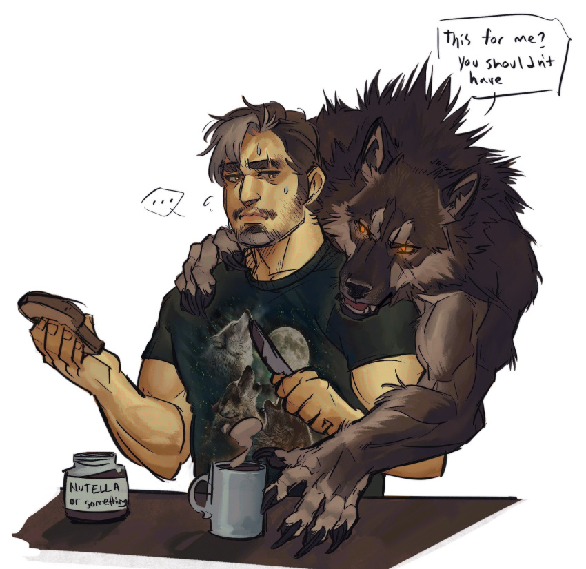 anthro beverage brown_body brown_fur canid canine canis claws clothing coffee dialogue english_text food fur glowing glowing_eyes hi_res human male mammal muscular muscular_male mythological_canine mythological_creature mythology neck_tuft nmvsolidus simple_background stealth text tuft were werecanid werecanine werewolf wolf