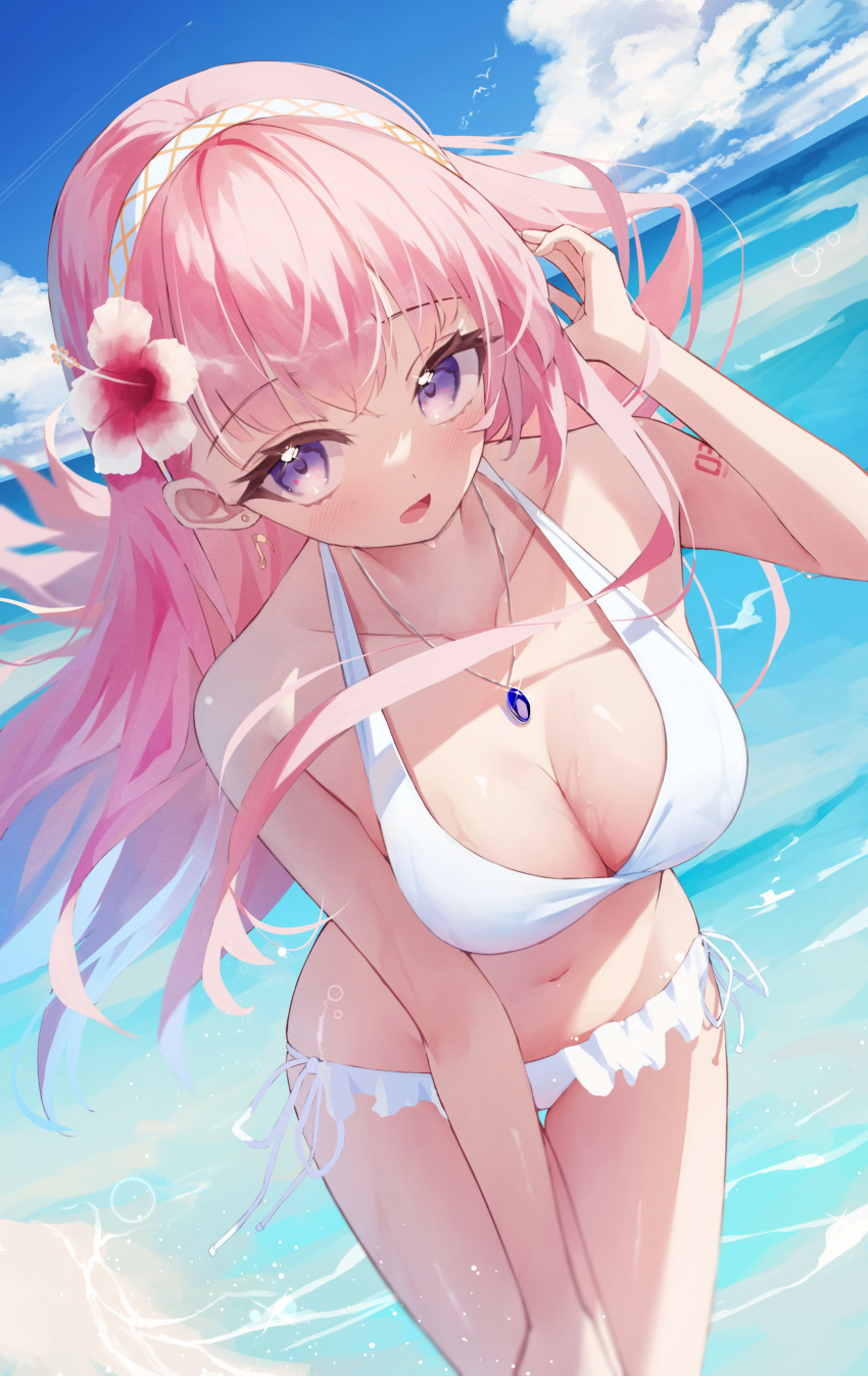 200f_(nifu) absurdres arm_tattoo beach bikini bird blue_sky blush breasts cleavage cloud collarbone dot_nose female flower frilled_bikini frills hair_flower hair_ornament hairband hand_up hibiscus highres jewelry large_breasts leaning_forward megurine_luka musical_note_earrings navel number_tattoo ocean open_mouth outdoors pendant pink_flower pink_hair purple_eyes side-tie_bikini_bottom sky solo stomach swimsuit tattoo thigh_gap thighs vocaloid water wet white_bikini white_hairband