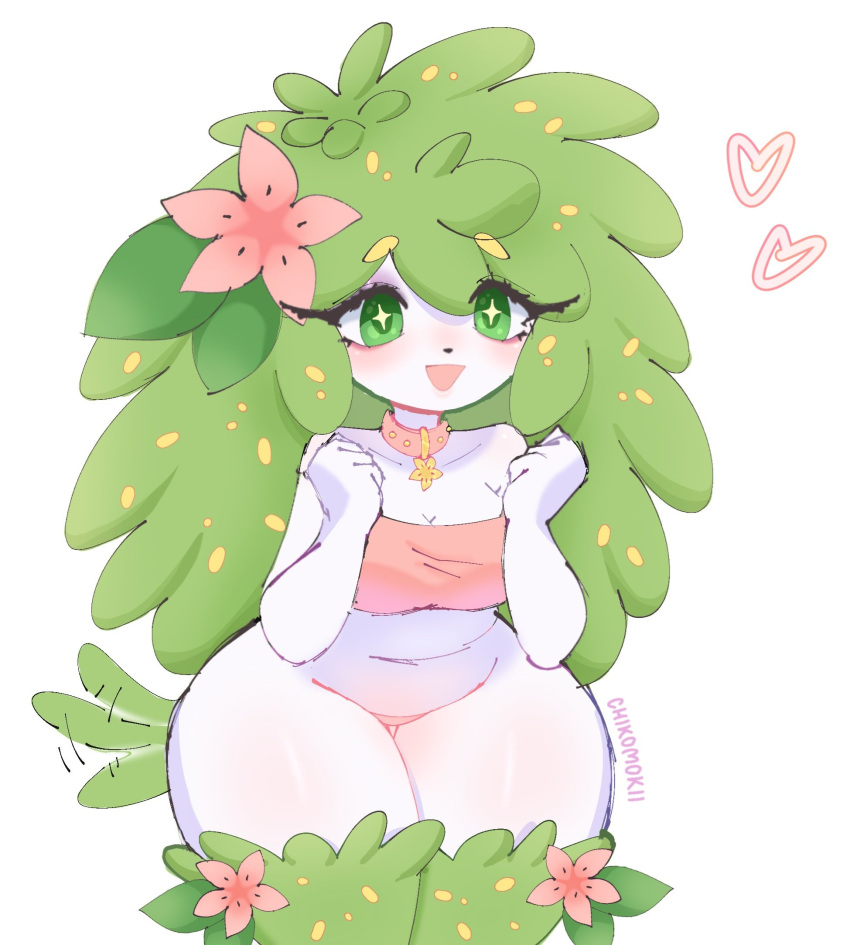 blush chikomokii collar female flower furry furry_female grass green_pupils hair_flower hair_ornament heart highres open_mouth pokemon pokemon_(creature) shaymin shaymin_(land)