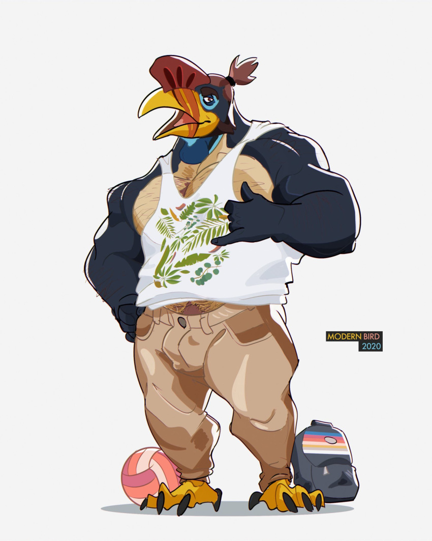 anthro avian backpack ball beach_ball beak bird body_hair bucerotiform clothing facial_hair feet hand_on_hip hand_sign happy_trail hi_res hornbill inflatable julian_(moden_bird) khakis male modern_bird muscular muscular_anthro muscular_male shirt slightly_chubby solo talons tank_top toes topwear