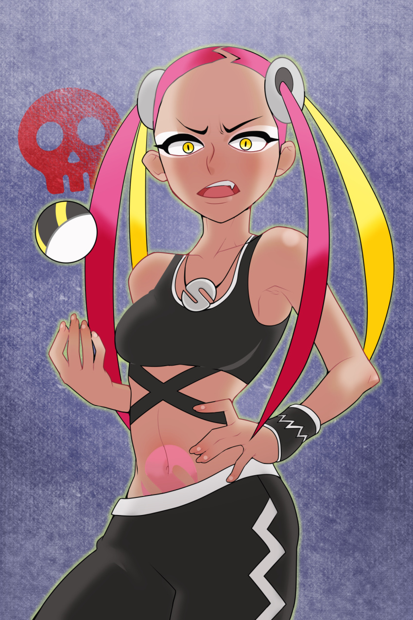 black_pants blonde_hair chan_pyon cowboy_shot crop_top eyeshadow female hair_ornament hand_on_own_hip highres jewelry long_hair looking_at_viewer makeup midriff multicolored_hair navel necklace open_mouth pants pink_hair plumeria_(pokemon) poke_ball pokemon pokemon_sm quad_tails skull_hair_ornament skull_necklace solo stomach_tattoo tank_top tattoo team_skull teeth tongue two-tone_hair ultra_ball upper_teeth_only white_eyeshadow yellow_eyes