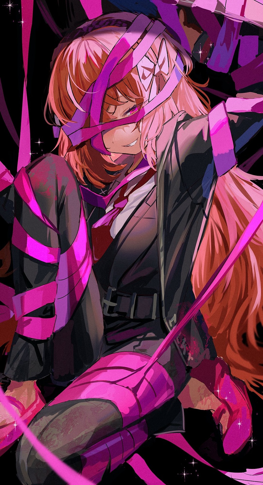 arm_up belt black_belt black_coat black_pants black_vest bow coat commentary e.g.o_(project_moon) female freckles hairbow highres ishmael_(project_moon) limbus_company long_hair long_sleeves looking_at_viewer migishita necktie orange_hair pants pink_eyes pink_footwear pink_shoes_(project_moon) project_moon red_necktie solo sparkle very_long_hair vest white_bow