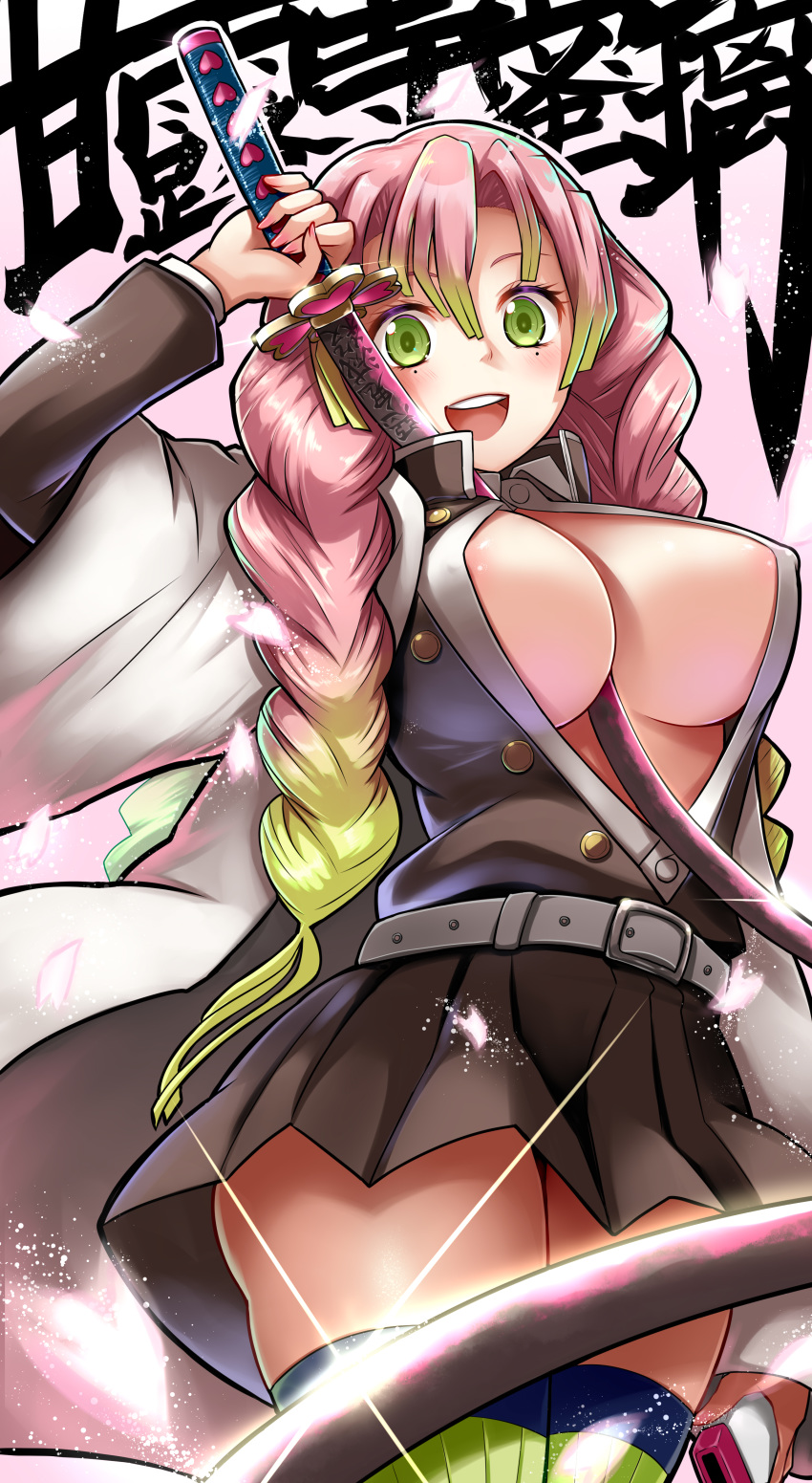 :d absurdres areola_slip belt between_breasts blush braid breasts center_opening covered_nipples demon_slayer_uniform female gradient_hair green_eyes green_hair green_thighhighs highres holding holding_sheath holding_sword holding_weapon kanroji_mitsuri kimetsu_no_yaiba large_breasts looking_at_viewer md5_mismatch mole mole_under_eye multicolored_hair no_bra open_mouth petals pink_hair resolution_mismatch sheath skirt smile solo sparkle sword sword_between_breasts sword_writing thighhighs twin_braids two-tone_hair weapon whip_sword yuki_mizore