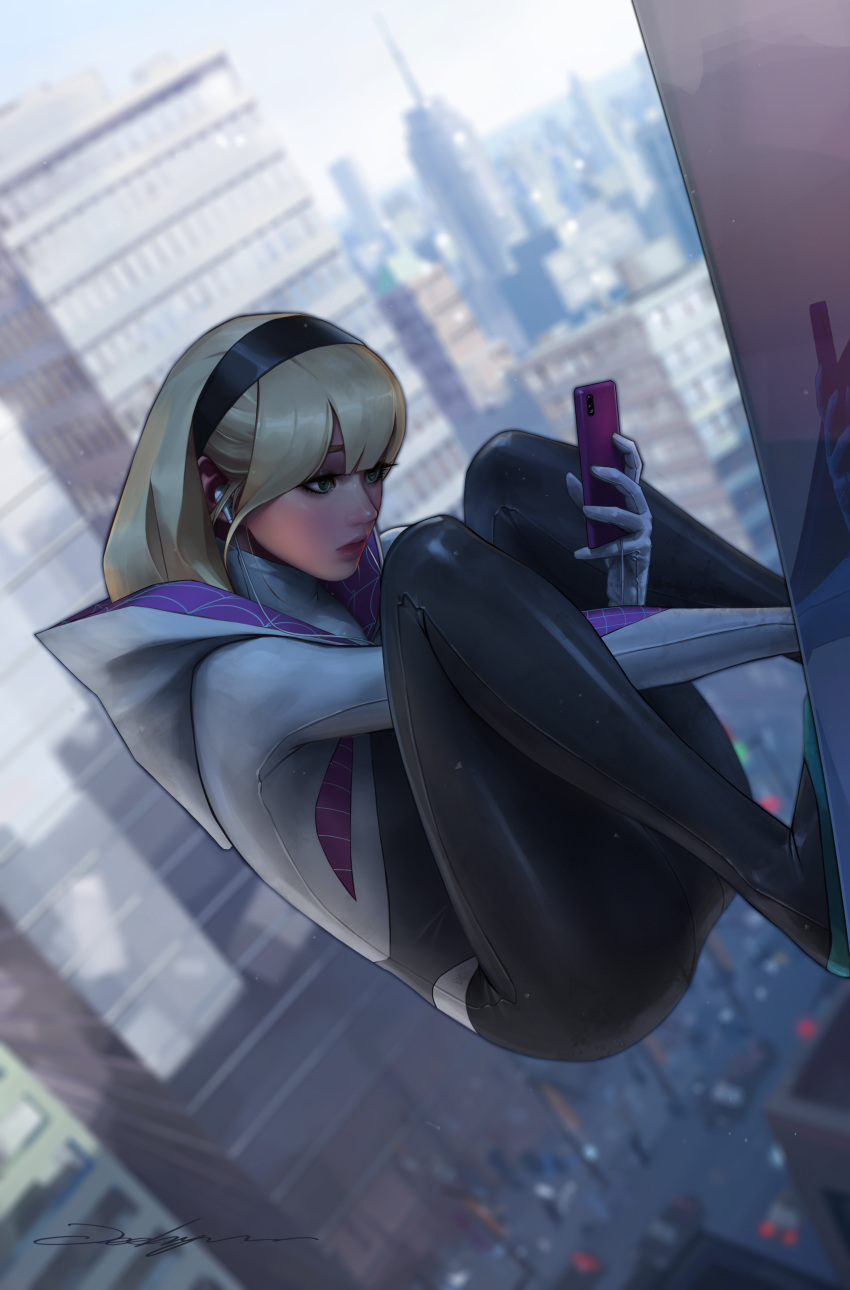 absurdres ass blonde_hair blue_eyes blurry blurry_background bodysuit cellphone cityscape comic_cover commentary cover_image day depth_of_field earphones english_commentary female gwen_stacy hairband highres hood hooded_bodysuit jee-hyung_lee lips long_hair marvel official_art outdoors phone signature smartphone solo spider-gwen spider-man_(series) squatting