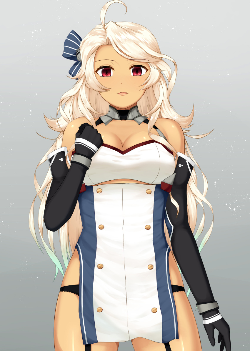 absurdres ahoge azur_lane black_gloves black_panties blonde_hair breasts brooklyn_(azur_lane) cleavage clenched_hand commentary_request dark_skin elbow_gloves female garter_straps gloves highres lace-trimmed_panties lace_trim large_breasts long_hair looking_at_viewer panties pazuzu438 red_eyes skindentation smile solo tan underwear wavy_hair