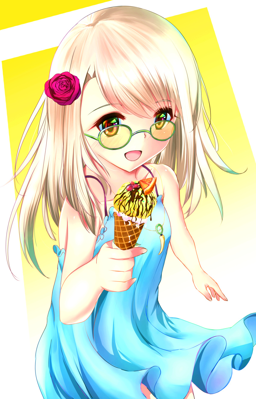 :d absurdres blonde_hair blue_dress collarbone commentary cowboy_shot dress fate/kaleid_liner_prisma_illya fate_(series) female floating_hair flower food glasses green-framed_eyewear hair_flower hair_ornament highres holding holding_food ice_cream illyasviel_von_einzbern izumikuu jewelry long_hair necklace open_mouth red_flower red_rose rose short_dress sleeveless sleeveless_dress smile solo spaghetti_strap standing sundress yellow_eyes