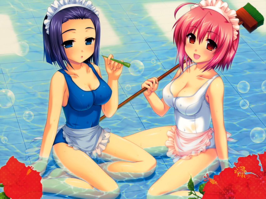 ahoge alpha_(artist) apron blue_eyes broom bubble cleavage flower hibiscus maid_headdress mizugi pink_hair red_eyes short_hair sitting sukumizu water wet