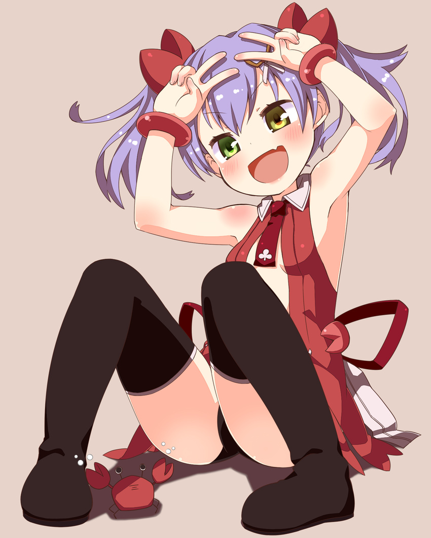 :d armpits arms_up black_panties black_thighhighs blush boots borrowed_character club_(shape) commentary_request crab double_v female green_eyes heterochromia highres kanimusume_(kani_biimu) muku_(muku-coffee) oerba_yun_fang open_mouth original panties purple_hair simple_background sitting smile solo thigh_boots thighhighs twintails underwear v yellow_eyes