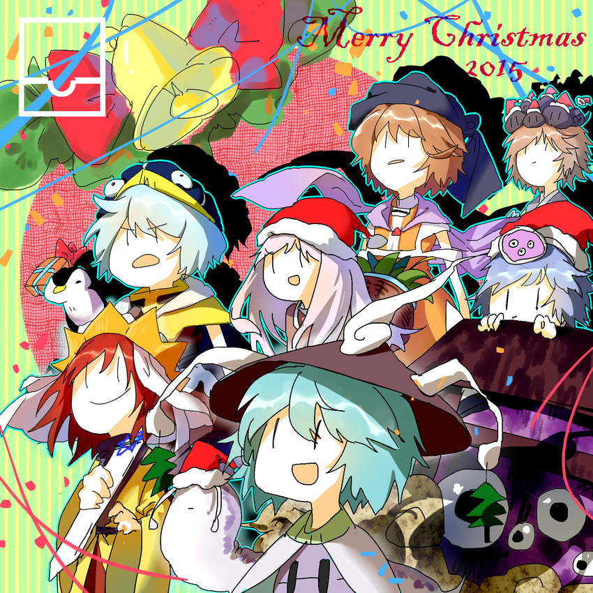 2015 6+others ajirogasa androgynous antennae aqua_hair azuma_kaisen blue_hair brown_hair christmas cine_hamal commentary_request detached_sleeves extra_eyes frilled_hat frills gloves hair_ornament hat highres japanese_clothes kesa_kujiru kimono kuzu_suzumi len'en light_purple_hair mirror mitsumo moritake_medias multiple_others ooya_kunimitsu other_focus photoshop_(medium) possessed red_hair santa_hat shirami_souko short_hair shouyoukyou slug smile tadpole tadpole_hat terumi_(len'en) traditional_youkai turban turtleneck wei_li