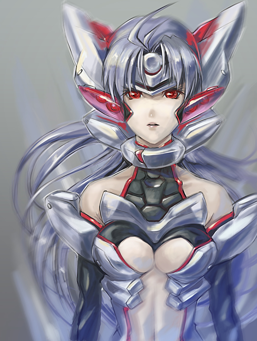 alternate_costume blue_hair breasts cleavage commentary_request female highres konta kos-mos medium_breasts photoshop_(medium) red_eyes robot solo xenosaga