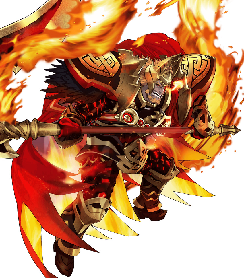 1boy armor beard black_armor cape commentary_request facial_hair fake_horns feathers fire fire_emblem fire_emblem_heroes full_body gauntlets glowing glowing_eye greaves helmet highres holding holding_weapon horned_helmet horns lava maeshima_shigeki male_focus official_art orange_hair red_cape red_eyes scar scar_across_eye scar_on_face scythe shoulder_armor sinmara_(fire_emblem) solo surtr_(fire_emblem) teeth transparent_background weapon