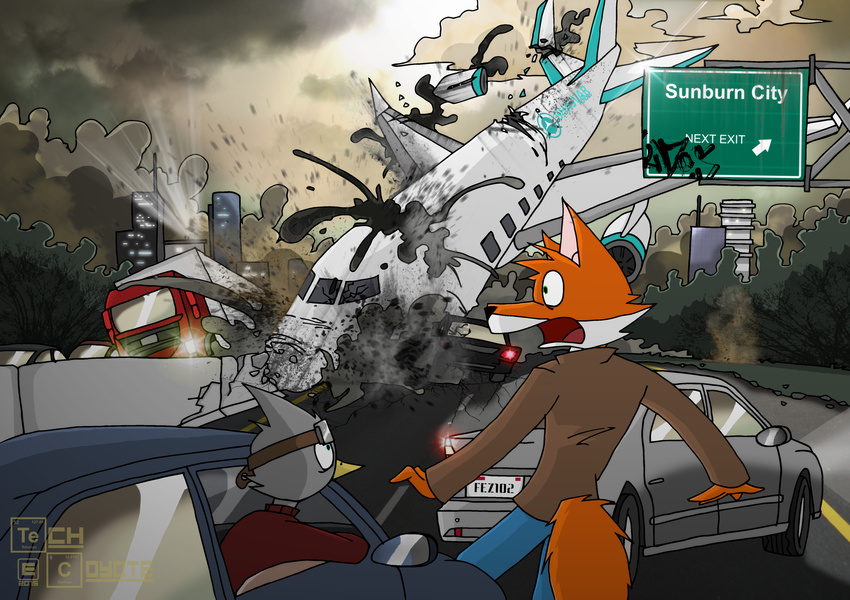 absurd_res aircraft airplane anthro avian avoid_posting canid canine car crash dave_brimstone destruction digital_media_(artwork) disaster duo english_text explosion fox fur hi_res highway highwaysign kyle_josky male mammal phosphoruscrow pileup planecrash planecrashing roadblock screaming text truck_(vehicle) vehicle