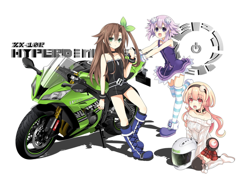 3girls bare_shoulders blonde_hair bow breasts brown_hair commentary_request compa d-pad d-pad_hair_ornament green_eyes hair_ornament hairbow highres if_(neptunia) long_hair looking_at_viewer medium_breasts motor_vehicle motorcycle multiple_girls neptune_(neptunia) neptune_(series) purple_eyes purple_hair ribbon smile striped_clothes striped_thighhighs thighhighs zero_(ray_0805)