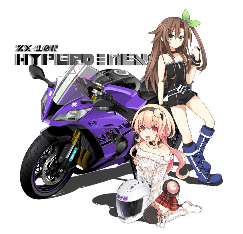 2girls bare_shoulders blonde_hair bow breasts brown_hair commentary_request compa green_eyes hair_ornament hairbow highres if_(neptunia) long_hair looking_at_viewer medium_breasts motor_vehicle motorcycle multiple_girls neptune_(series) ribbon smile zero_(ray_0805)