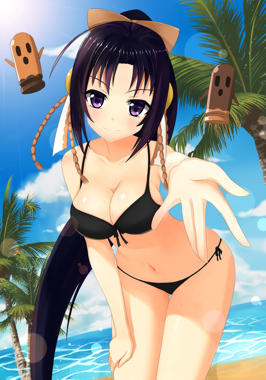 beach bikini black_bikini black_hair blurry bokeh bow breasts bullet cleavage collarbone commentary_request day depth_of_field dutch_angle female hairbow hand_on_thigh highres karama korama kurano_kiriha large_breasts leaning_forward long_hair looking_at_viewer navel otono_fei outdoors outstretched_hand ponytail purple_eyes rokujouma_no_shinryakusha!? solo swimsuit very_long_hair