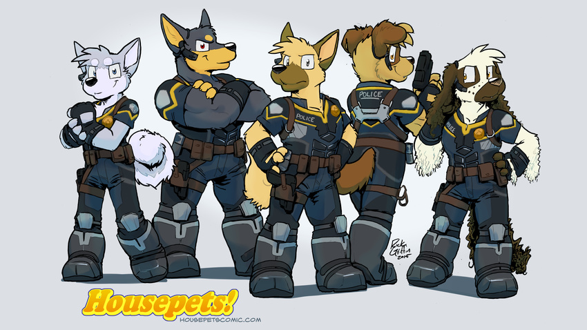 16:9 anthro bird_dog boots building canid canine canis clothing cocker_spaniel crossed_arms dobermann domestic_dog earpiece fido_(housepets!) fingerless_gloves footwear fox_(housepets!) front_view german_shepherd gloves grin group gun handgun handwear herding_dog hi_res holding_gun holding_object holding_ranged_weapon holding_weapon housepets! hunting_dog husky kevin_(housepets!) lineup male mammal nordic_sled_dog pastoral_dog pinscher police police_officer police_uniform ralph_(housepets!) ranged_weapon rear_view rick_griffin signature smile spaniel spitz standing terrance_(housepets!) uniform weapon widescreen