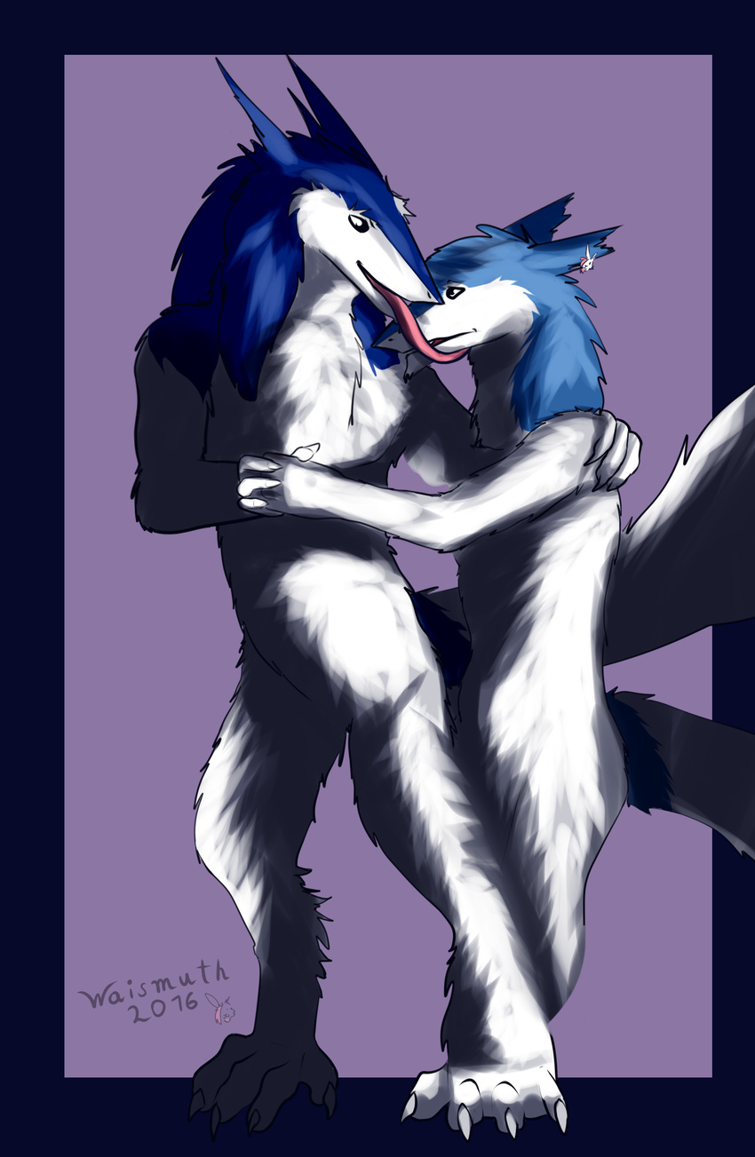 2016 absorption_vore anthro blue_body blue_border blue_fur border claws daughter_(lore) digital_media_(artwork) digitigrade dorota_gierymska duo eye_contact featureless_crotch female front_view fur hand_holding hi_res laura_gierymska licking long_tongue looking_at_another mother_(lore) mother_and_child_(lore) mother_and_daughter_(lore) nude open_mouth parent_(lore) parent_and_child_(lore) parent_and_daughter_(lore) purple_background sergal simple_background smile snout snout_lick tail tongue tongue_out vore waismuth white_body white_fur