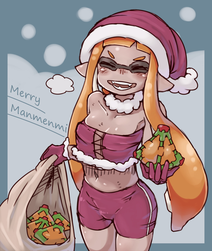 alternate_breast_size bare_shoulders bike_shorts breasts christmas closed_eyes collarbone commentary_request fangs female gloves grin hat highres inkling inkling_girl inkling_player_character navel open_mouth orange_hair pointy_ears red_gloves sack santa_hat small_breasts smile solo splat_bomb_(splatoon) splatoon_(series) splatoon_1 strapless tentacle tentacle_hair yeti_(mu_kaiten)