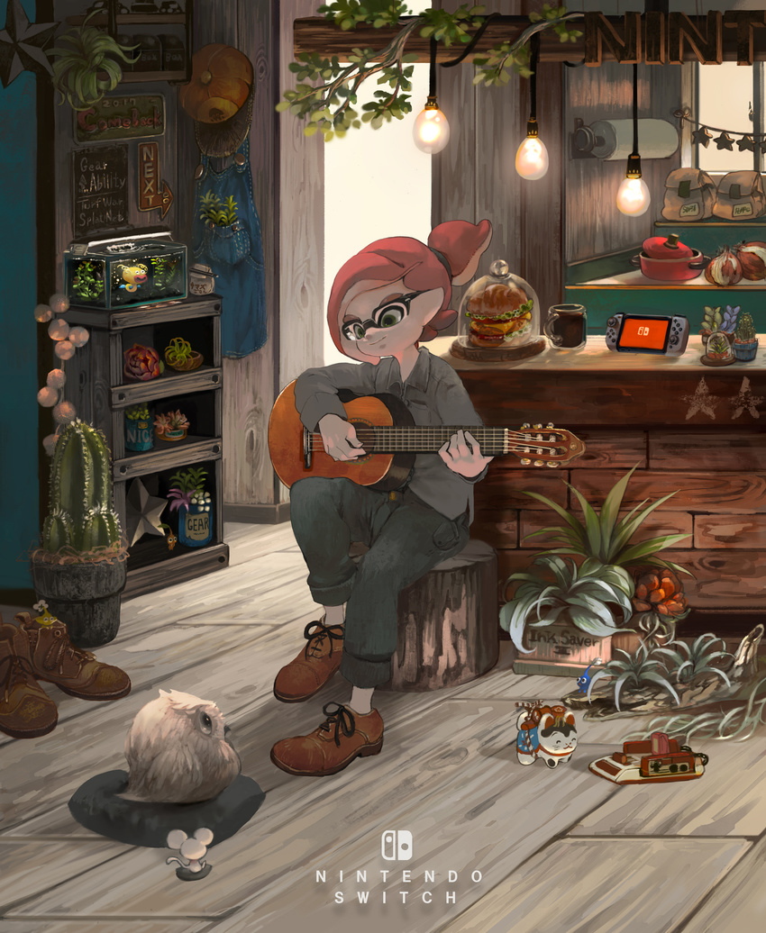 1boy acoustic_guitar bag bird blue_pikmin bookshelf boots brown_footwear burger cabinet cactus coffee_mug collared_shirt commentary_request cooking_pot counter cup famicom famicom_gamepad fish_tank flower food game_console glasses green_eyes grey_shirt guitar hanging_light hat highres indoors inkling inkling_boy inkling_player_character instrument kitchen lamp long_sleeves looking_at_another looking_down male_focus minato_(minat0) mouse_(animal) mug music nintendo_switch onion owl pants paper_towel paper_towel_holder photoshop_(medium) pikmin_(creature) pikmin_(series) pillow plant playing_instrument ponytail potted_plant red_hair red_pikmin shirt shoes sign sitting smile solo splatoon_(series) splatoon_2 tentacle_hair towel toy unworn_hat unworn_headwear wooden_floor yellow_pikmin zapfish